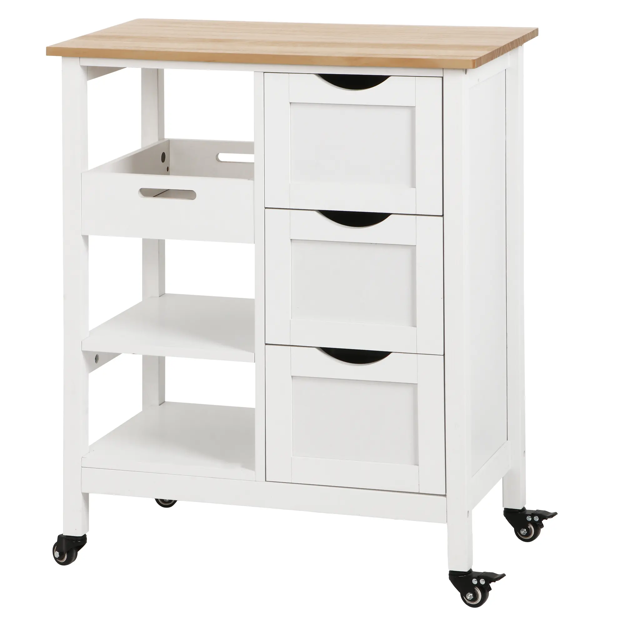 SUPERDEAL Rolling Kitchen Utility Island Cart with Solid Wood Top, 3-Tier Shelf Storage Table, 3 Drawers, Side Hooks & Rolling Wheels, for Dining Room & Coffee Bar, White, Compact