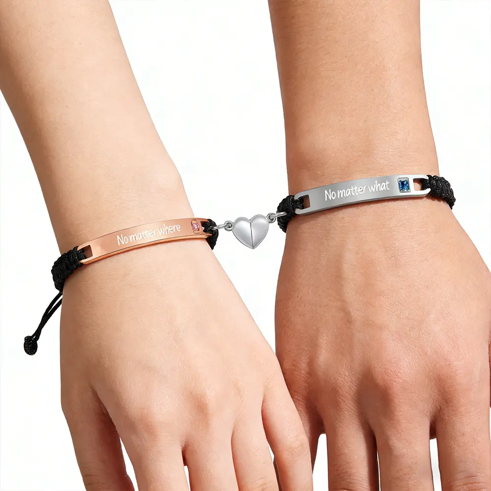 Magnetic Heart Couple Bracelet, Rhinestone Braided String Bracelet, Bf GF Matching Jewelry, Fashion Couple Charm Bracelet Set, Birthday Anniversary Gift for Men Women