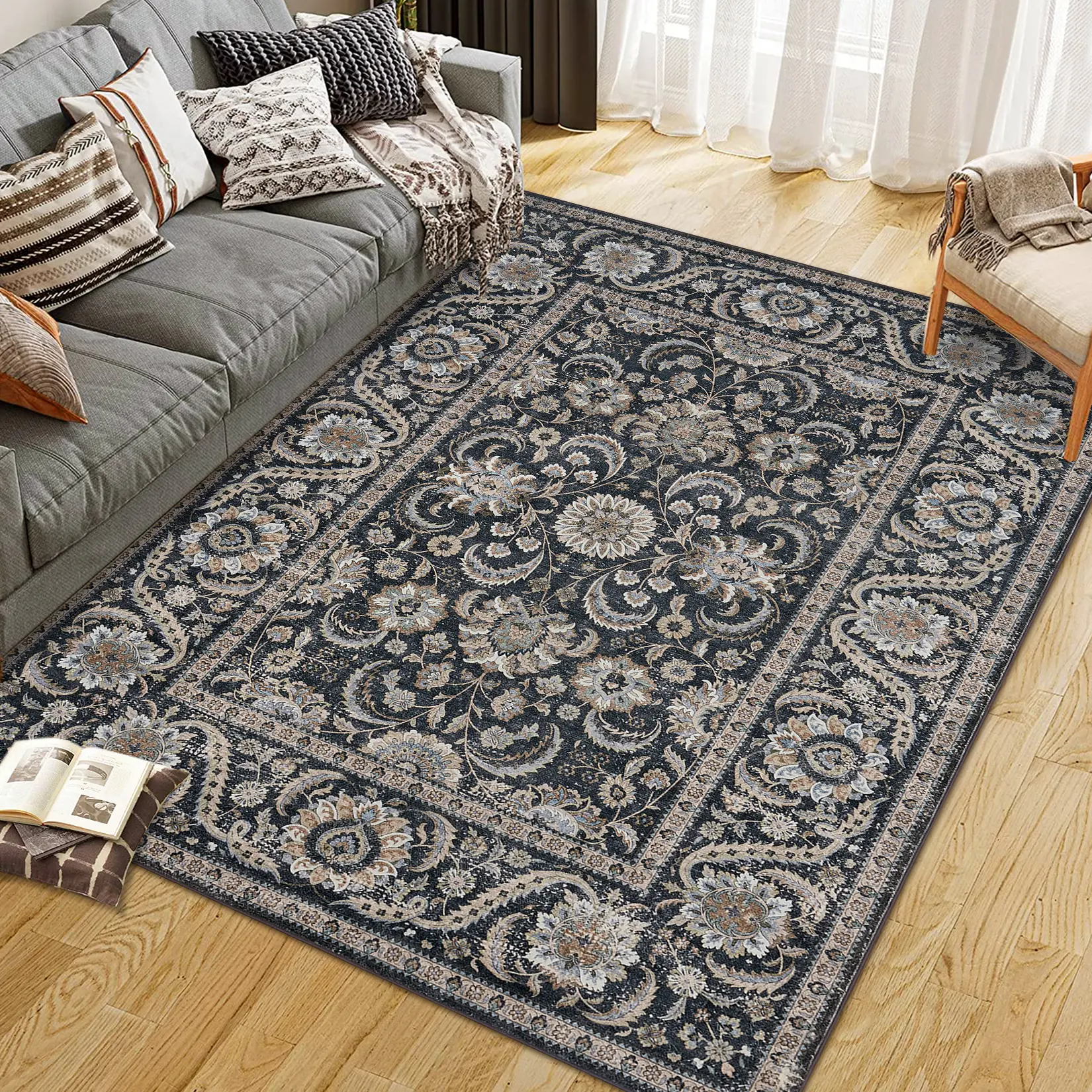 Washable Area Rug - Vintage Floral Boho North African Traditional Style - Low Pile Non-Slip Carpet