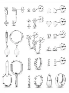 Stylish 14 Pairs Unisex Silvery Ear Stack Set for Women Men High-quality Copper Stainless Steel Earrings Hypoallergenic Dainty Huggie Hoops Glossy Faux Pearl Brilliant CZ Tiny Delicate Pieces Multi-hole Ear Piercing Combinations Fine Polished Surface