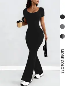 Women's Plain Pocket Short Sleeve Long Pants Jumpsuit, Sexy Fitted Casual One-Piece for All Seasons, European & American Style, Plain Pocket Overalls