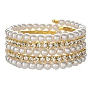 Trendy Jewelry Steel Wire Bracelet Elastic Cord Bracelet Multi-layer Pearl Rhinestone Bracelet Stackable