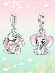 Cute Bunny & Elephant Dangle Charms, Enamel Floral Design, Adorable Animal Jewelry for Pandora Bracelets, Trendy Accessory