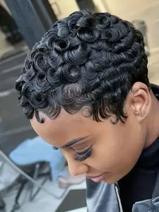 Curly Pixie Wig 150% Density, Short Burgundy Natural, Human Hair Wigs for Women, Daily Party Cosplay Use, Machine Made