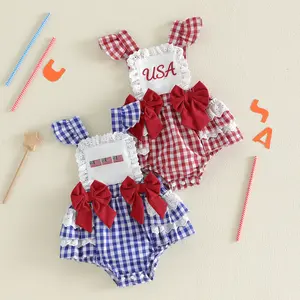 Imcute Toddler Infant Baby Girls 4th of July Romper Dress American Flag Embroidery Flying Sleeve Bow Plaid Jumpsuit Onesie Bodysuit