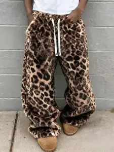 Men's Street Style Leopard Print Loose Fit Long Pants, Elastic Waist Knit Material Cozy Sports Pants, Casual All-Season Wear, Gift for Boyfriend