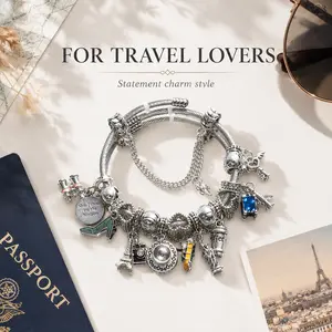 Women's Silver Travel Charm Bracelet - 5.5 cm Eiffel Tower, Camera Statues, Sparkling, Elegant, Lightweight, Comfortable, Versatile, Casual - Airplane Adventure Accessory, Coffee Outing Gift for Daily Wear Special Occasion