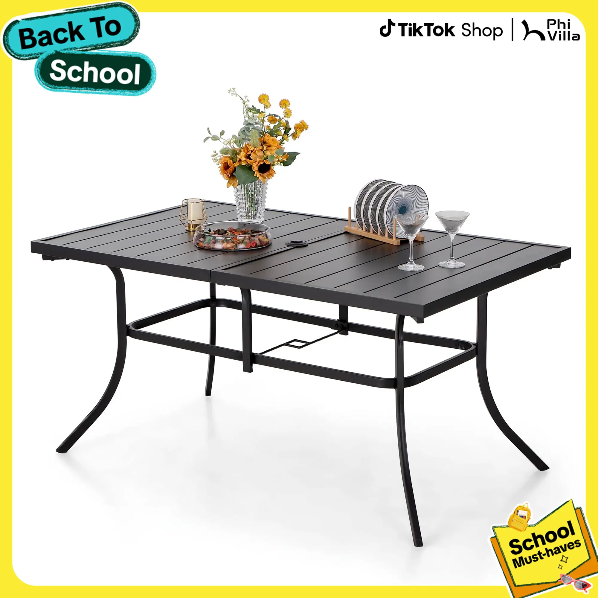 PHIVILLA 60'' Outdoor Dining Table for 6 with E-Coating Metal, 1.57" Umbrella Hole, All-Weather Resistant Rectangular Design,DealsForYouDays