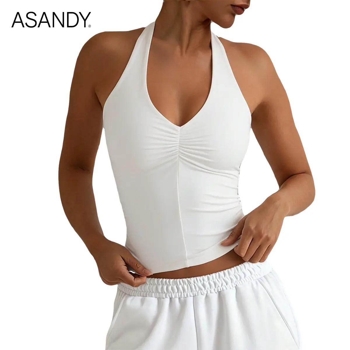ASANDY Women's Slim-Fit Crop Length Sports Tank Top - Halter V-Neck, Short Sleeveless, 4-Way Stretch, Double Layer, Ruched Detail, Comfortable Basic Women's Clothes for Daily Workout, Casual Looks, Workout Tops, Crop Tank Women's Sports Vest