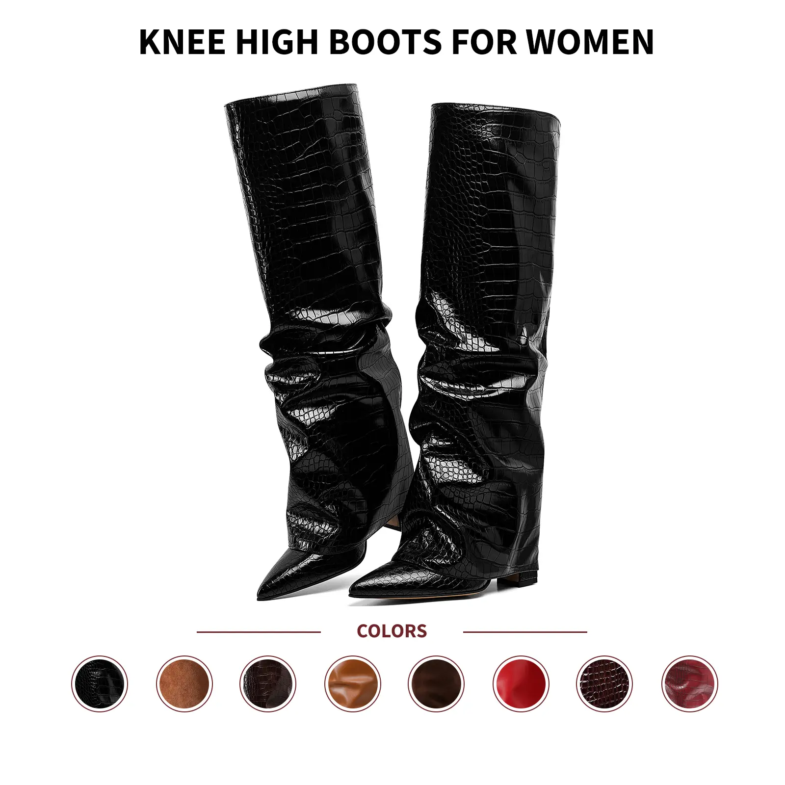 VIMISAOI Knee High Boots Fold Over Pointed Toe Chunky Block Heel Pull On Slouchy Crocodile Embossed European Style Wedding Party Casual Office Date Dress Nightclub Graduation Date Holiday Brunch  Business Photoshoot Comfortable Modern Summer Fashion Boots