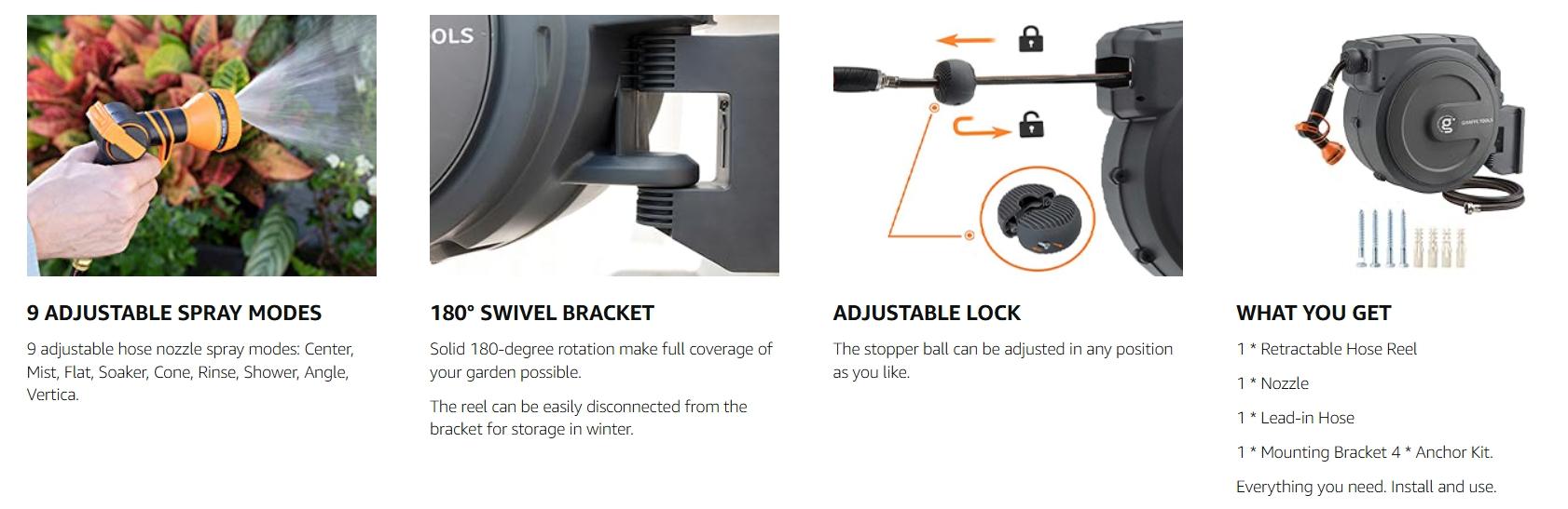 Father's Day Gift | Giraffe Tools 78ft-130ft 330LB Metal Bracket Retractable Garden 5/8in 1/2in Hose Reels for Outside, Wall Mounted Water Hose Reel with 180° Swivel, Any Length Lock, 9 Pattern Hose Nozzle, 2 years warranty, Stock up sale, summervibes