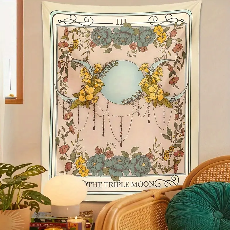 Triple Moon Tarot Wall Tapestry - Mystical Moon Phase Witchy Decor, Bohemian Celestial Art - Knitted Peach Skin Velvet Polyester Fabric Home Bedroom Design Decoration