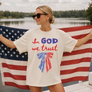 In God We Trust Comfort Colors Graphic Tee | Patriotic Flag Bow Shirt | Faith American Pride Tee
