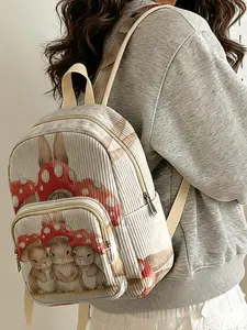 1 piece of lady's backpack with 2D print of rabbit under the mushroom, corduroy texture + layered storage + light and easy to carry | Perfect for students to go to class, shopping, traveling, or short trips | Combines atmosphere with practicality