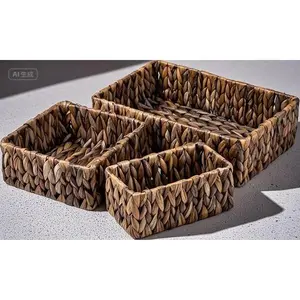 Hand Woven Water Hyacinth Storage Baskets Set, 3-Pack Organizing Baskets for Pantry Shelf, Natural Brown Wicker Baskets, Large and Small Storage Containers, Reusable Decorative Baskets for Home