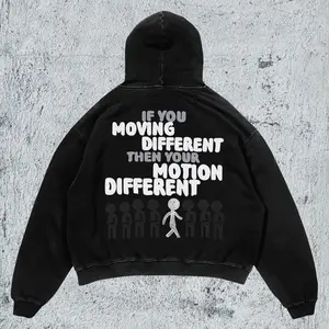 Moving Different Graphic Hoodie Unisex Oversized Vintage Washed Heavyweight Y2K Streetwear with Drawstring & Pocket for Casual Autumn Wear