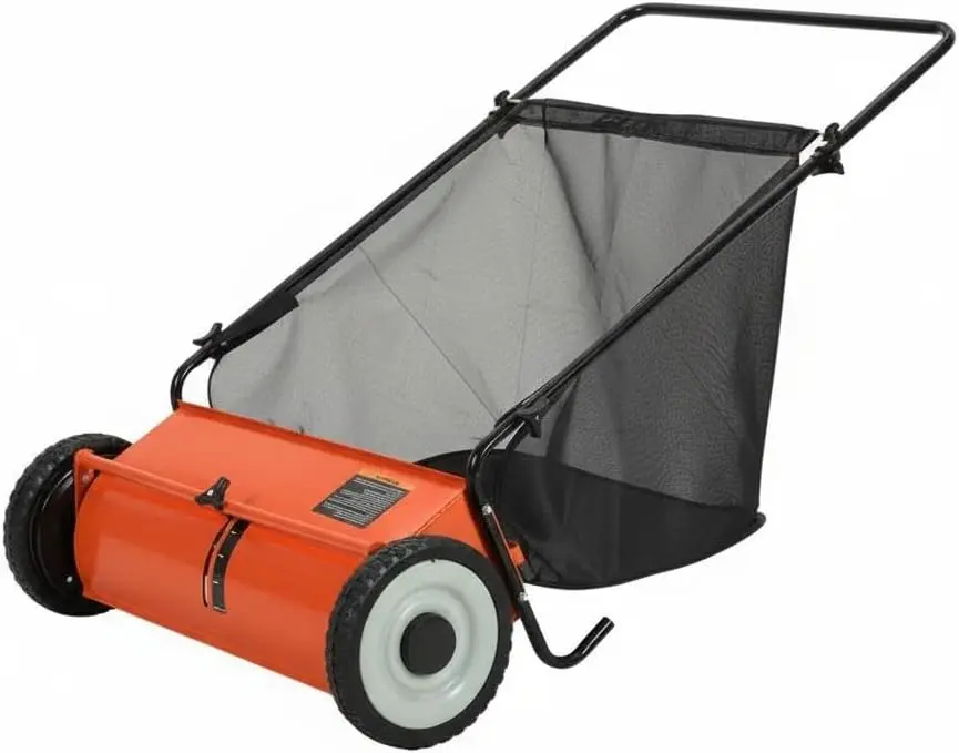 Orange 21-Inch Push Lawn Sweeper, 3.5 Cu. Ft. Hopper Capacity Leaf & Grass Collector with 4 Spinning Brushes, Adjustable Height, for Grass Clippings, Leaves & Debris