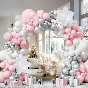 Winter Wonderland Balloon Arch Kit Pink White Silver Garland with Snowflakes for Baby Shower Party