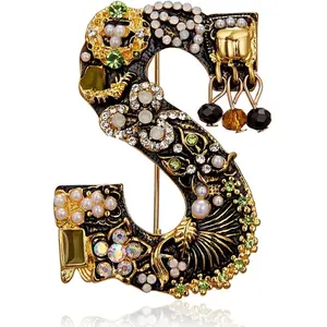 RINHOO Crystal Pearl Initial Brooch Gold Plated Enamel Colorful Letter Alphabet Breastpin Pin Jewelry for GIFTS
