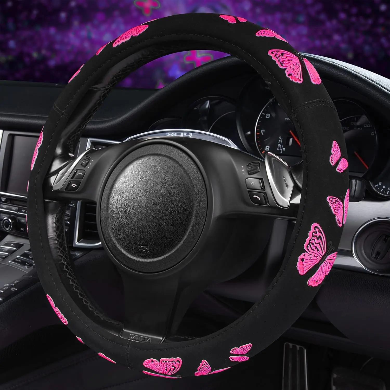 Bright Pink Butterfly Steering Wheel Cover - Steering Wheel Protector, Universal Fit 14.5-15.5in for SUVs, Small Trucks, Sedans, Girly Car Interior Automotive Accessories, Girls