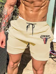 Men's Regular Fit Bull  & Letter Print Drawstring Waist Shorts, Casual Elastic Waist Pocket Track Shorts for Summer, Fashion Men's Bottoms for Daily Wear