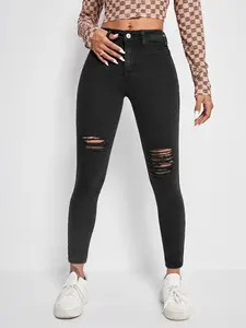 Women's Fashion High Waist Slim Fit Jeans, Ripped Design, Soft Stretchy Fabric, Comfortable Casual Style, All Seasons Wear
