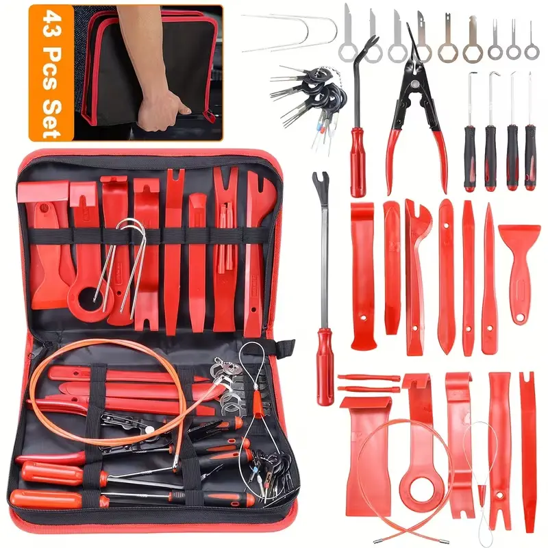 43Pcs Car Trim Removal Tool Kit - Plastic Clip Remover Pliers, Screwdrivers, Hooks, Auto Interior Door Panel Dashboard Audio Pry Bars with Storage Bag for Vehicle Modification, Repair