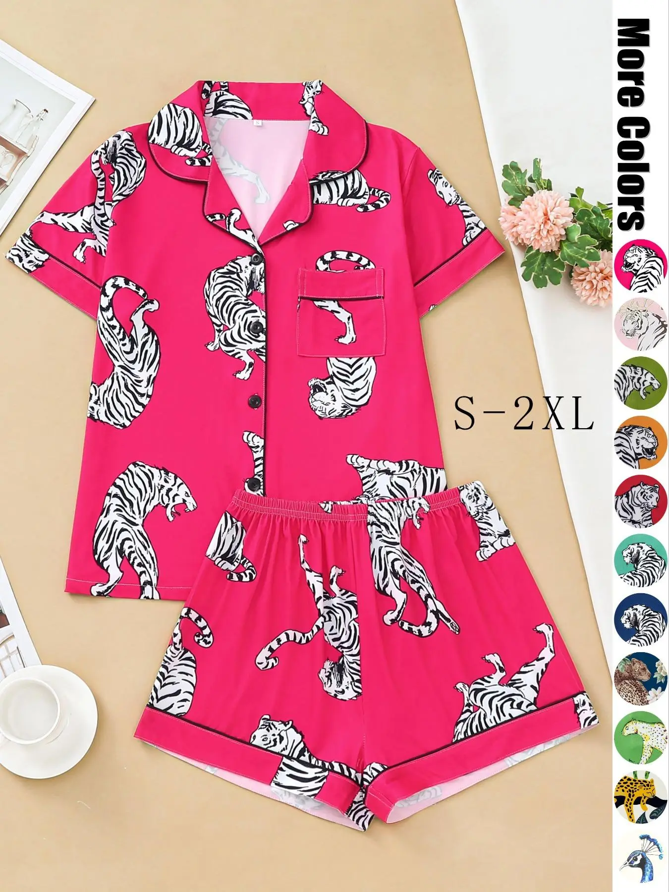 Women's Tiger Print Pocket Pyjama Set, Soft Lapel Collar Short Sleeve Top & Shorts PJ Set, Women's Sleepwear, Summer Outfits 2024