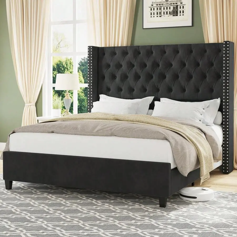 Queen/King Size Steel Reinforced Platform Bed Frame with 51.6" Tall Winged Tufted Velvet Upholstered Headboard, Black Modern, No Box Spring Needed, Easy Setup, Portable, Includes Mat