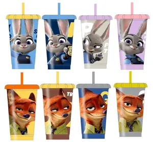 Disney Zootopia Series Plastic Cup with Straw - 4-Piece Set, 17 oz – Portable Water Bottle,Great for Outdoor and Office, Daily Use Drinkware