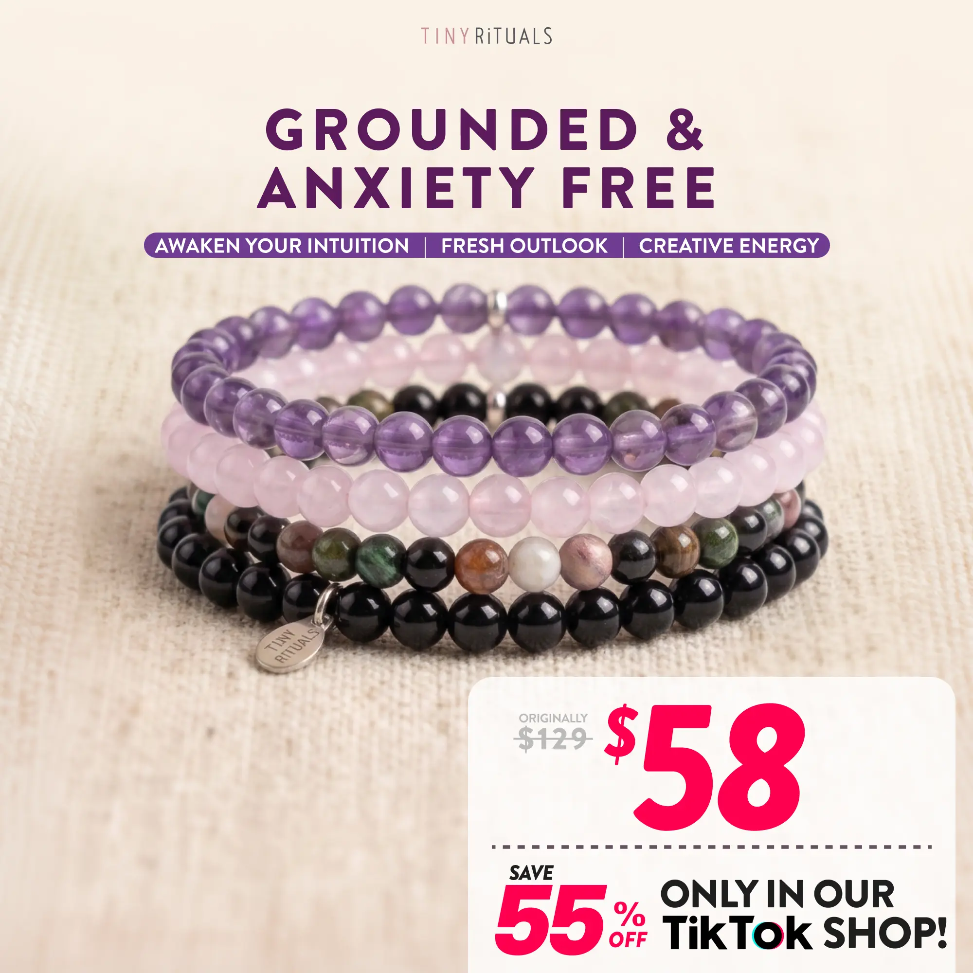 TINY RiTUALS Grounded & Anxiety Free Semiprecious Stone Bracelet-Anklet Pack, Jewelry Accessory for Stress Relief