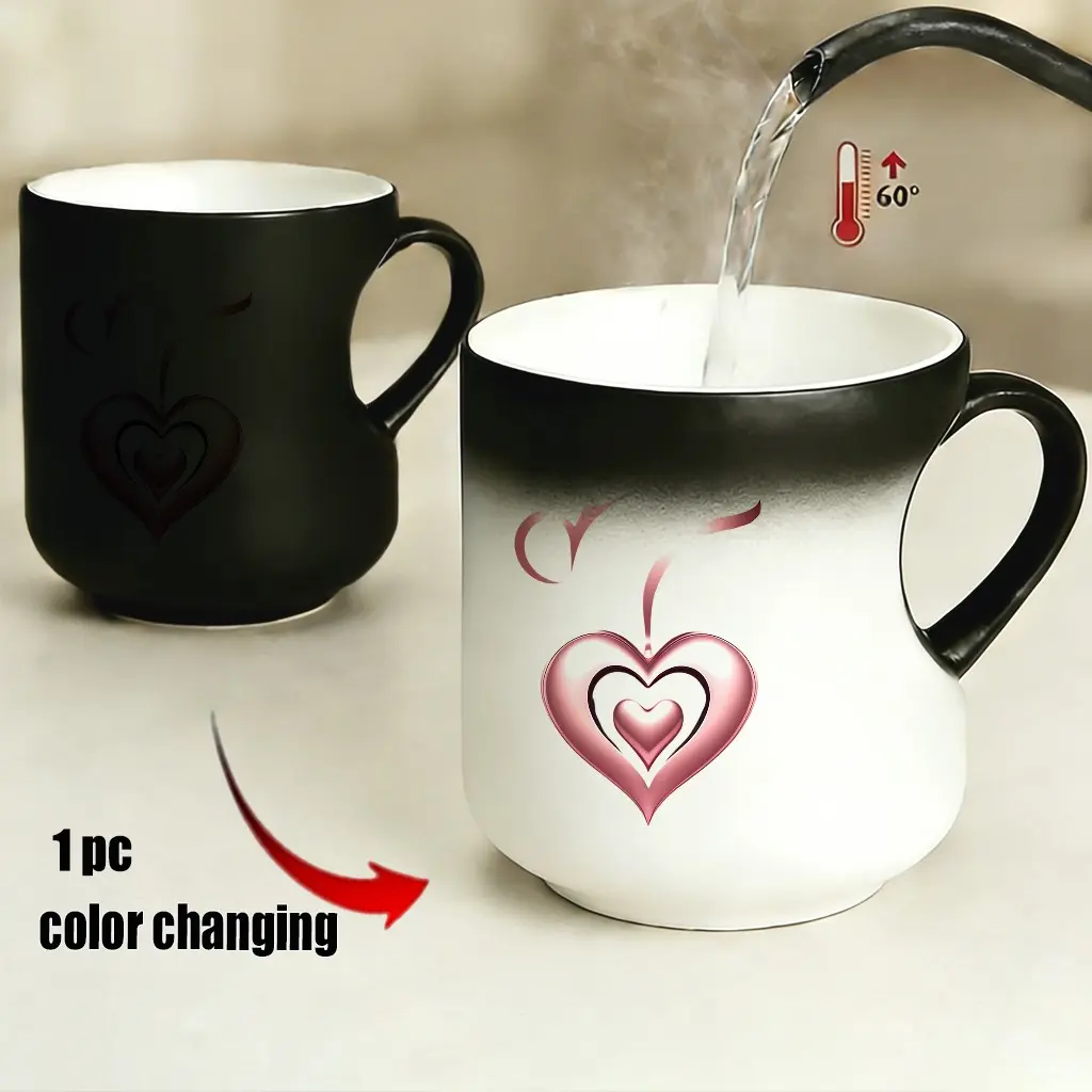 Changing Mug with Heart Handle & Swirling Ribbon Design, Thermosensitive Ceramic Cup for Coffee/tea (11oz), Ideal Gift