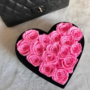 16 Fuschia Roses in Heart Shaped Velvet Box - Heart Flowers Decorative Flower Bouquet Rose Forever Heart Shaped Roses Birthday Anniversary Girlfriend Gift Preserved Roses Valentine's Day Gift