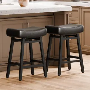 Counter Height Bar Stools Set of 2/3, 24 Inch Backless BarStools for Kitchen Island Leather Saddle Bar Chairs Kitchen Stools with 4" Thick Seats & Heavy Duty Metal Base, Black