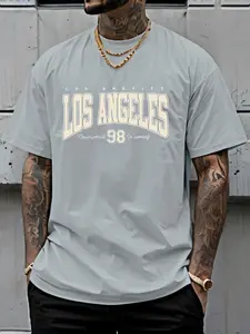 Men's Summer Casual Loose Fit Big Size Los Angeles 98 Printed Sport Athletic Activewear Round Neck Short Sleeve T-Shirt, Long Clothing, All Seasons