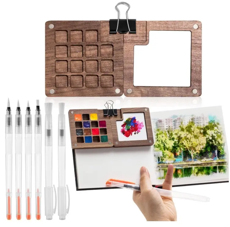 Spring Mini Portable Watercolor Palette Set Wooden Grid Paint Box, Watercolor Paper Pad Sketch Book Brush Pens with Binder Clips for Painters Artists Students