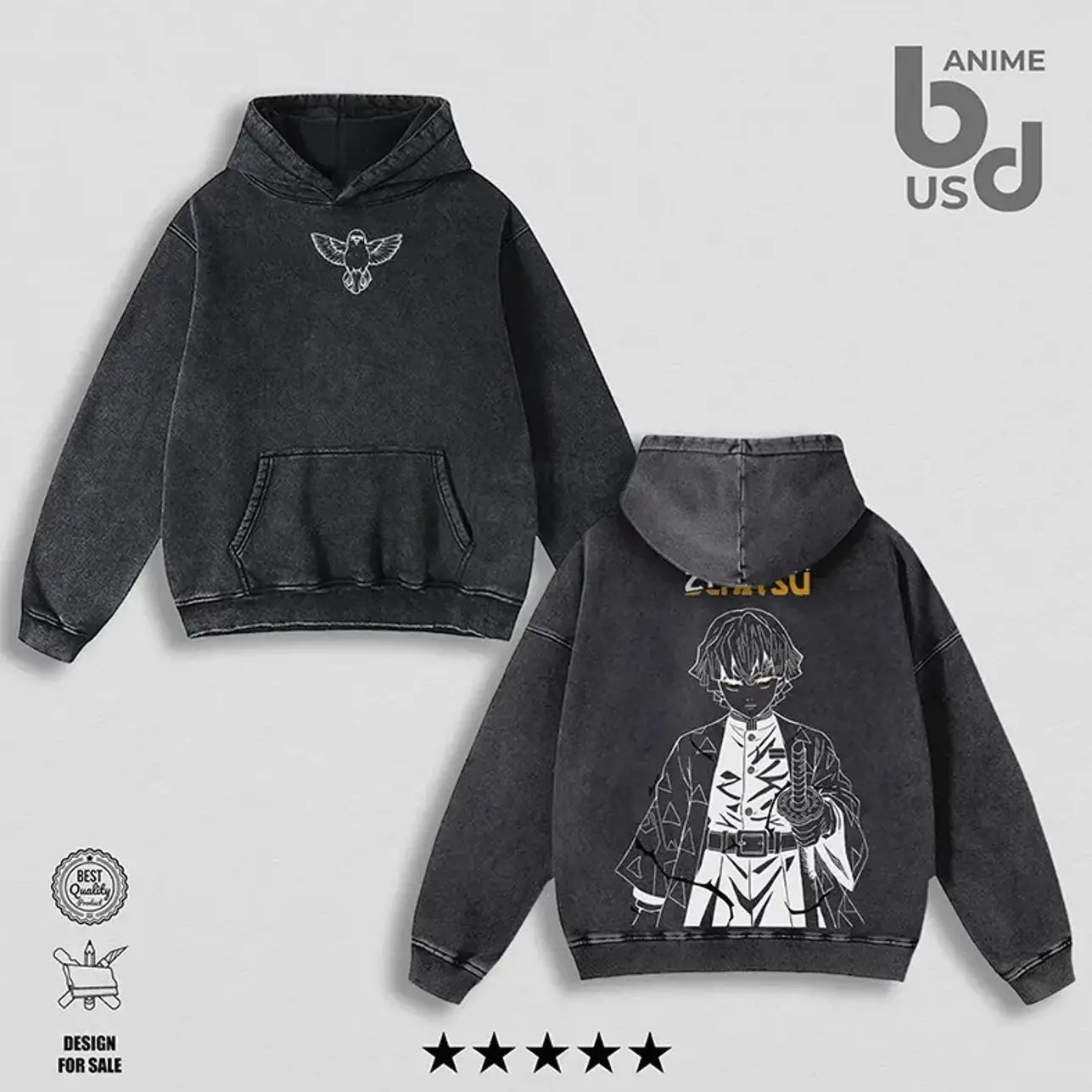 Zenitsu - Demon Slayer Washed Hoodie Oversize Unisex, Double Printed Streetwear Anime Merch Gift For Fan GNF