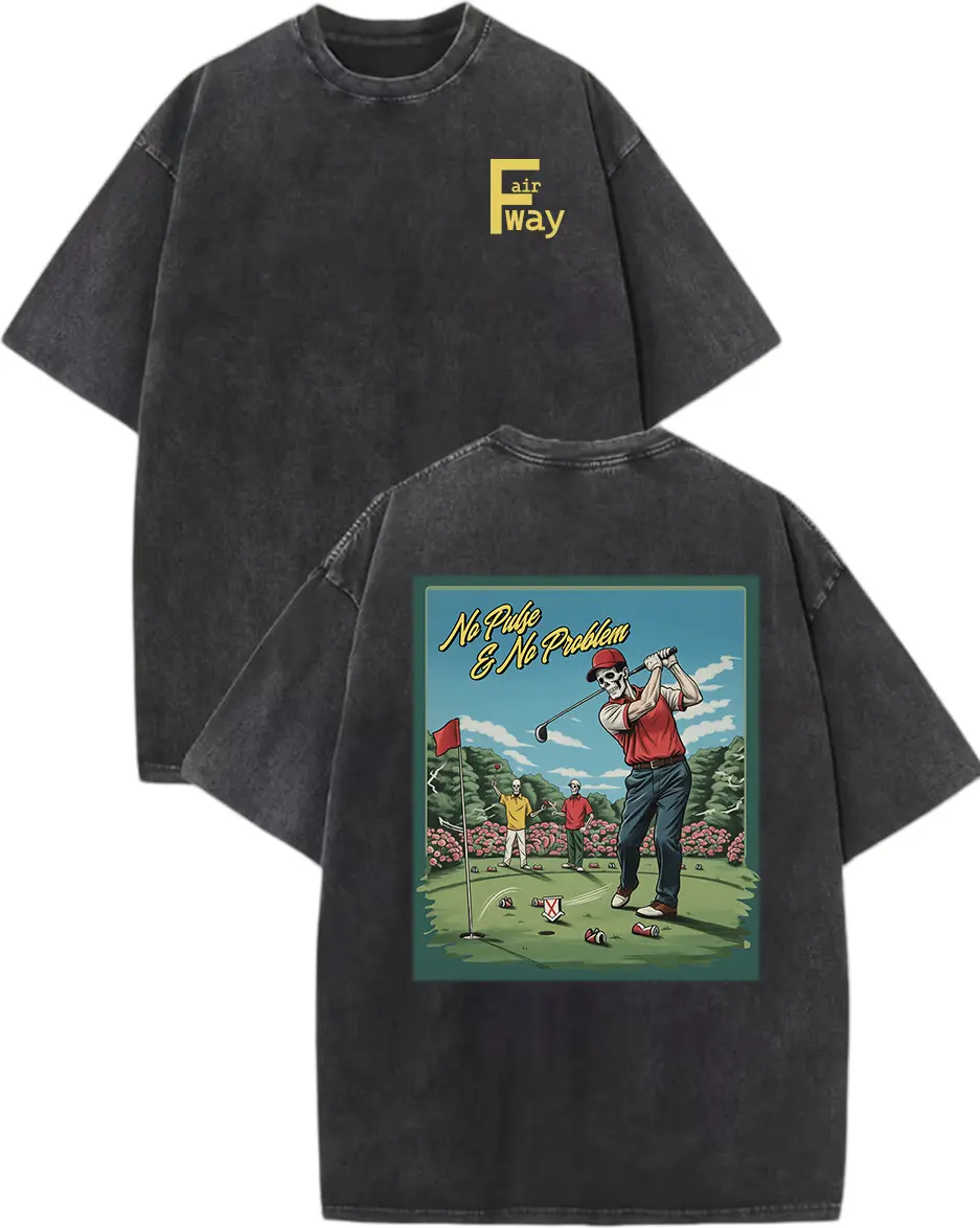 No Pulse & No Problem Skeleton Golf Vintage Washed Distressed Oversized T-Shirt, Funny Fairway Golf Graphic Tee, Retro Golfing Skeleton Streetwear Top for Men Women, Golfer & Golf Lover Gift Shirt#Retro Washed Cotton T-Shirt