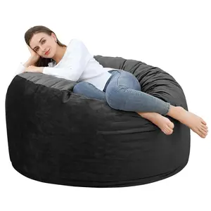 4FT Giant Bean Bag Chair - Velvet Covered Foam Filled Beanbag - Round Soft Lazy Sofa for Living Room - Black