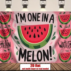 Reusable Polyester 2D Flat Watermelon Birthday Party Banner, 1pc Summervibes Design with Pink & Green Balloon Slices, "I'm 1 in a Melon" & "Watermelon" Lettering, Pink & Green Confetti Dots, Easy-to-Hang Party Decor for Festive Events