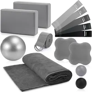 14 count Yoga Kits for  Workouts Pilates Equipment Set for Women Beginners, Hot Yoga Towel Blocks Strap,  Pad, Resistance Loop Exercise Band, Massage Lacrosse Ball, Pilates Ball