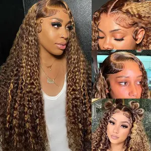 30 Inch Honey Blonde Wig Human Hair Deep Wave 13x6 HD Ombre Lace Front Wigs P4/27 Highlight Curly Human Hair Wig 180 Density Pre Plucked Human Hair Frontal Wigs for Women