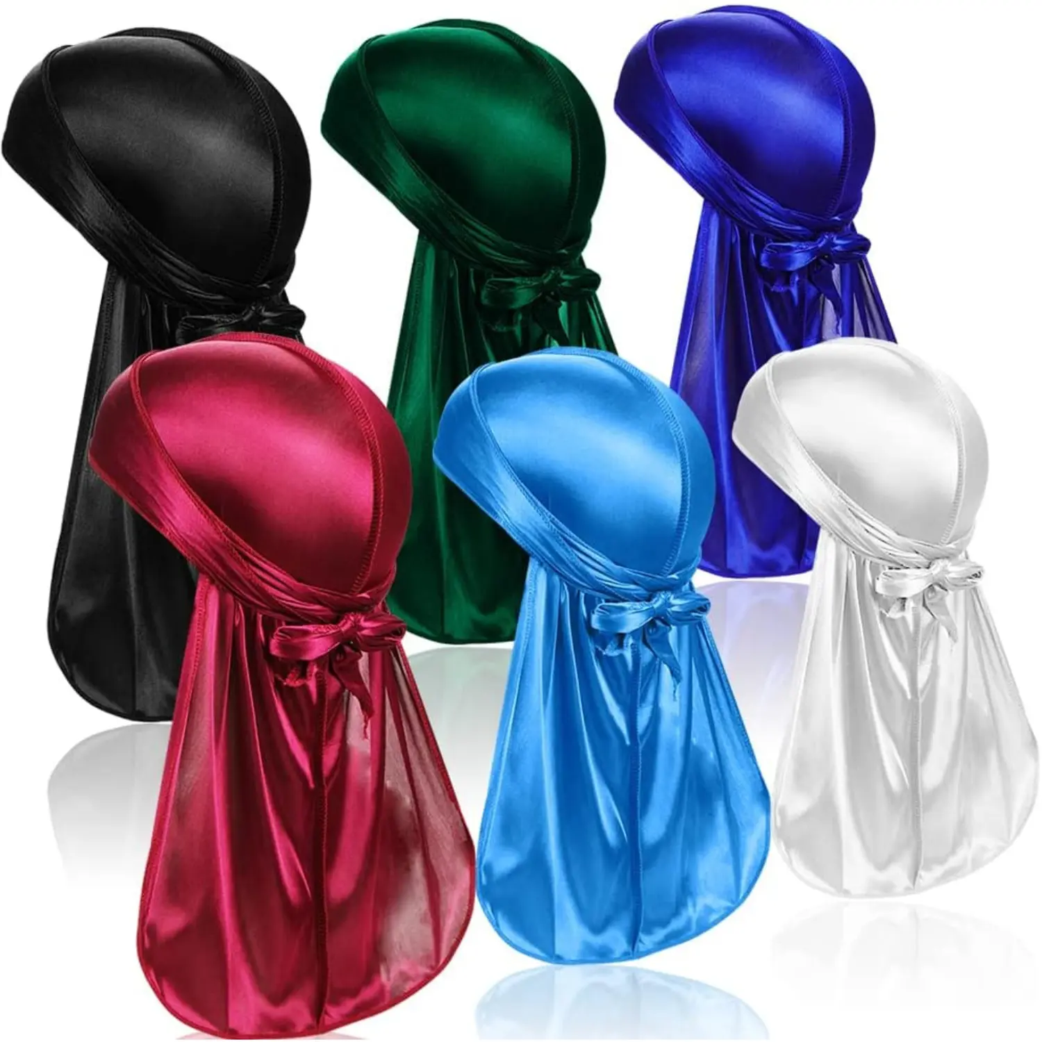6 Pack Silky Durags for Men and Women Long Tail Headwraps with Wide Straps Durag Set for Waves and Hair Protection
