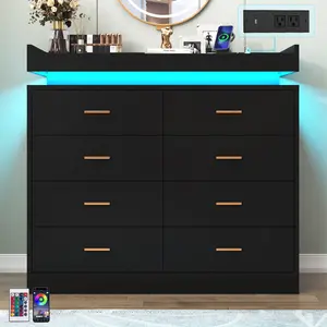 Modern 8-Drawer Dresser with LED Lighting and Charging Station, Stylish Chest of Drawers for Bedroom, Living Room, Entryway, and Hallway (Black)