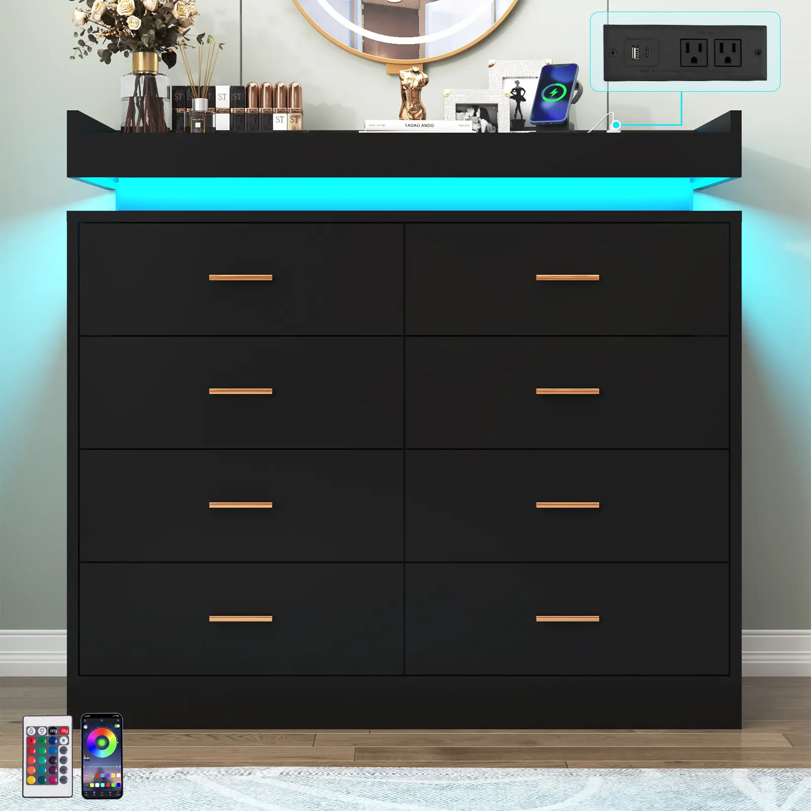 Modern 8-Drawer Dresser with LED Lighting and Charging Station, Stylish Chest of Drawers for Bedroom, Living Room, Entryway, and Hallway (Black)