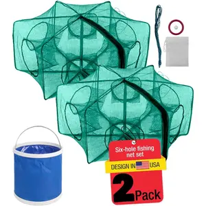 2 Pack Fishing Bait Trap Foldable Fish Net,Multilateral Folding Fishing Bait Trap with Auto-Fold,6 Hole Collapsible Cast Net Cage for Minnow,Crawfish,Crab & Shrimp - Easy UseFishing Accessories