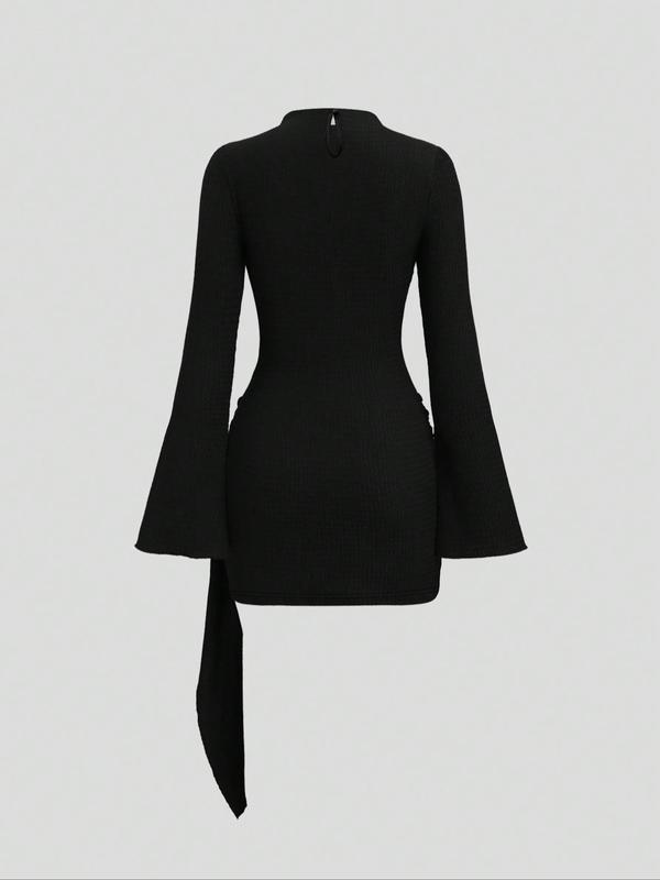 Women's Stand Collar Cinched Waist Minimalist Flare Sleeve Bodycon Midi Dress