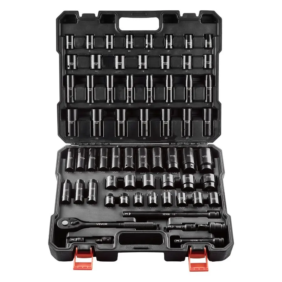 【Summerfinds】 VEVOR 65PCS 1/2 Drive Impact Socket Set - Deep & Standard SAE 3/8-1-1/4 & Metric 10-24mm, 6 Point Cr-Mo Alloy Steel Hardware Tool Kits, CR-V Tool Kits for Auto Repair, Easy-to-Read Markings, Storage Case