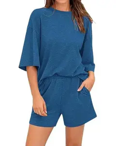 BTFBM Women Summer 2-Piece Outfits 2025 Matching Set Casual 3/4 Sleeve Tops Elastic Waist Shorts Lounge Sets With Pocket #Clearance