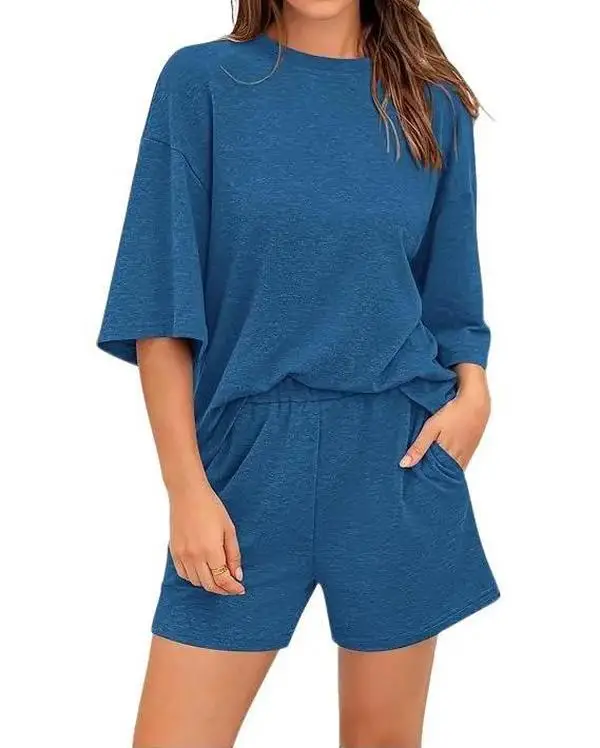 BTFBM Women Summer 2-Piece Outfits 2025 Matching Set Casual 3/4 Sleeve Tops Elastic Waist Shorts Lounge Sets With Pocket #Outdoorfun